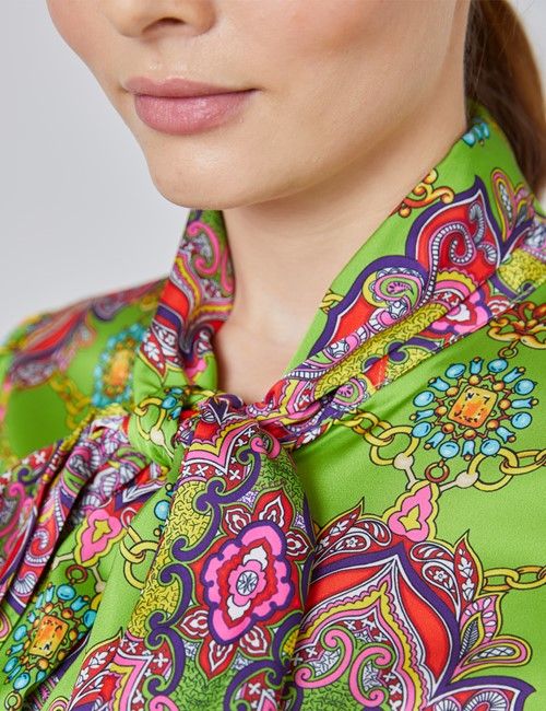Women's Green & Red Paisley Floral Fitted Satin Blouse - Single Cuff - Pussy Bow-preview