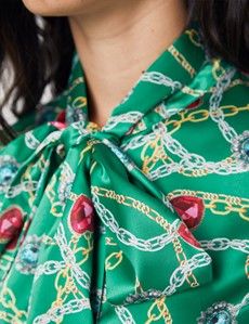 Women's Green & Gold Print Fitted Satin Blouse - Single Cuff - Pussy Bow
