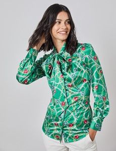 Women's Green & Gold Print Fitted Satin Blouse - Single Cuff - Pussy Bow