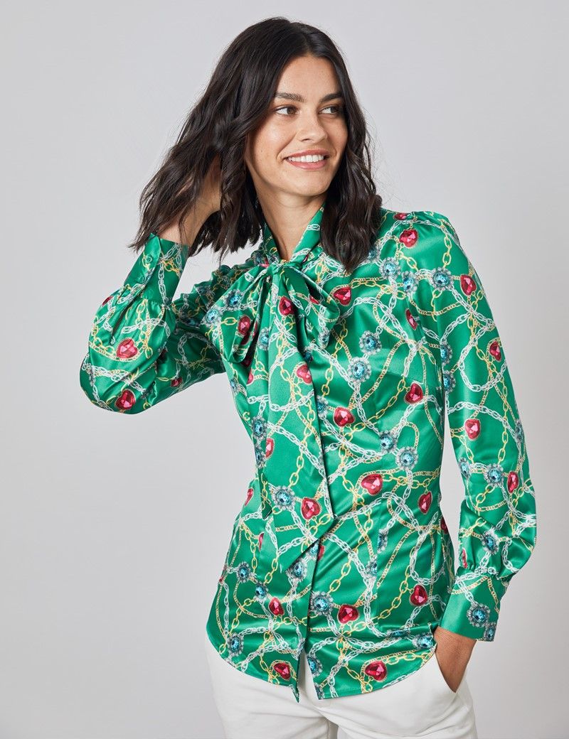 Women's Green & Gold Print Fitted Satin Blouse - Single Cuff - Pussy Bow
