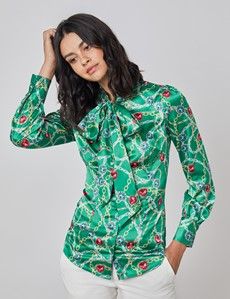 Women's Green & Gold Print Fitted Satin Blouse - Single Cuff - Pussy Bow