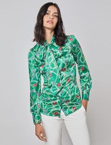 Women's Green & Gold Print Fitted Satin Blouse - Single Cuff - Pussy Bow