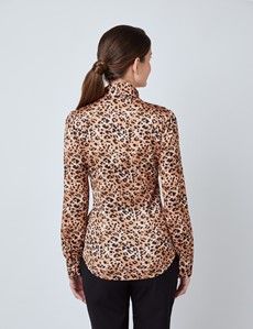 Women's Black & Brown Leopard Print Satin Blouse - Single Cuff - Pussy Bow