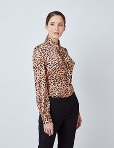 Women's Black & Brown Leopard Print Satin Blouse - Single Cuff - Pussy Bow