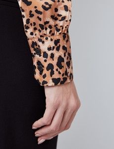 Women's Black & Brown Leopard Print Satin Blouse - Single Cuff - Pussy Bow