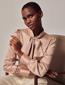 Taupe Satin Pussybow Blouse-preview5