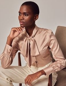 Taupe Satin Pussybow Blouse