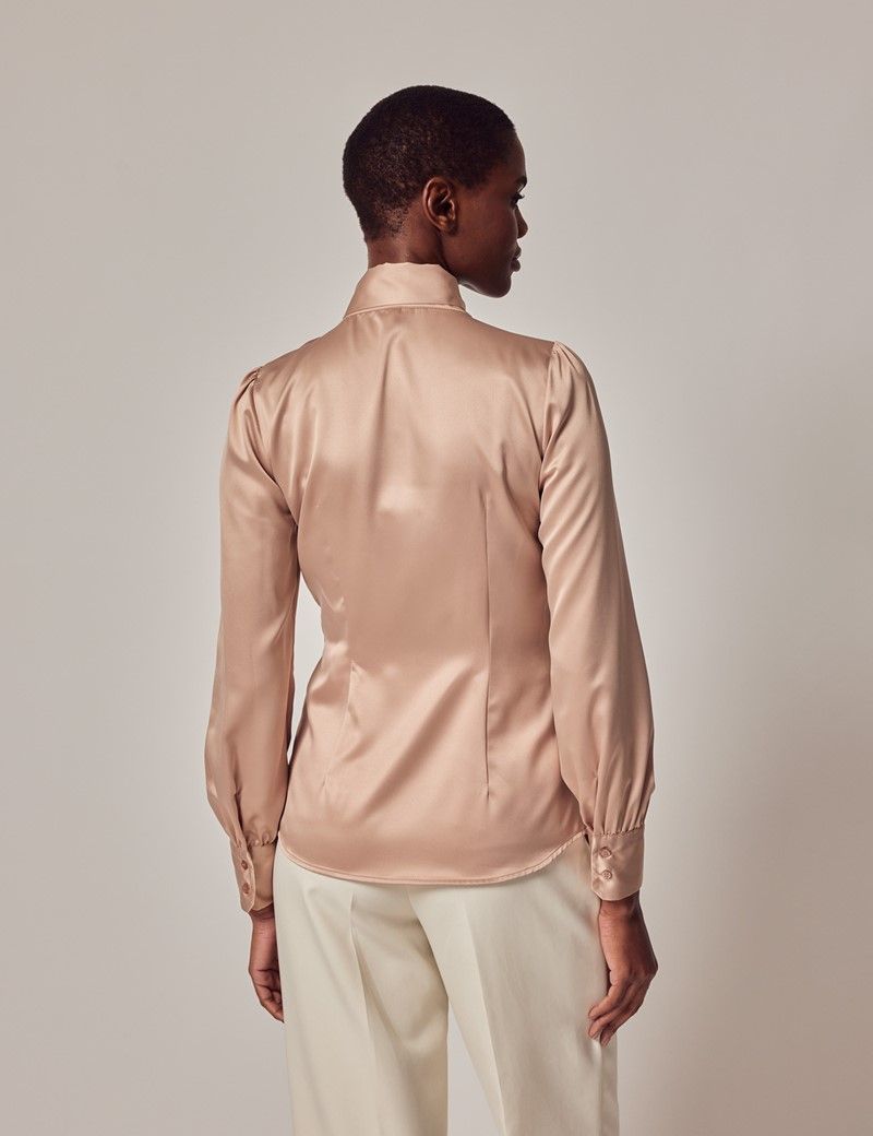 Women's Taupe Fitted Satin Blouse - Pussy Bow