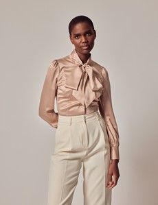 Taupe Satin Pussybow Blouse-preview2