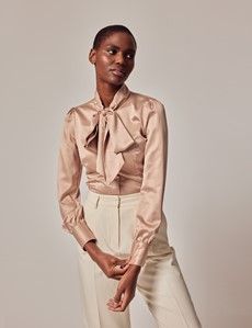Taupe Satin Pussybow Blouse-preview6
