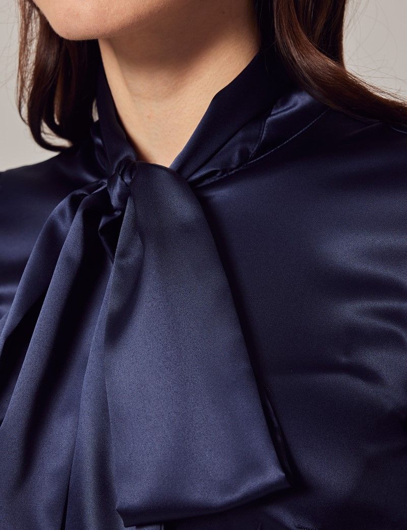 Women's Navy Fitted Luxury Satin Blouse - Pussy Bow | Hawes & Curtis