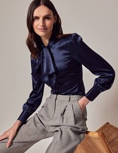 Navy Satin Pussybow Blouse