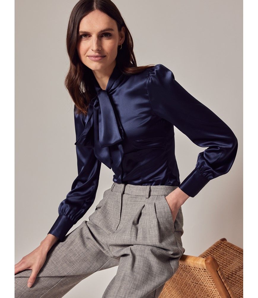 dark blue satin blouse