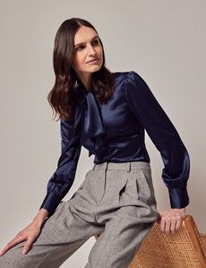 Navy Satin Pussybow Blouse-preview4