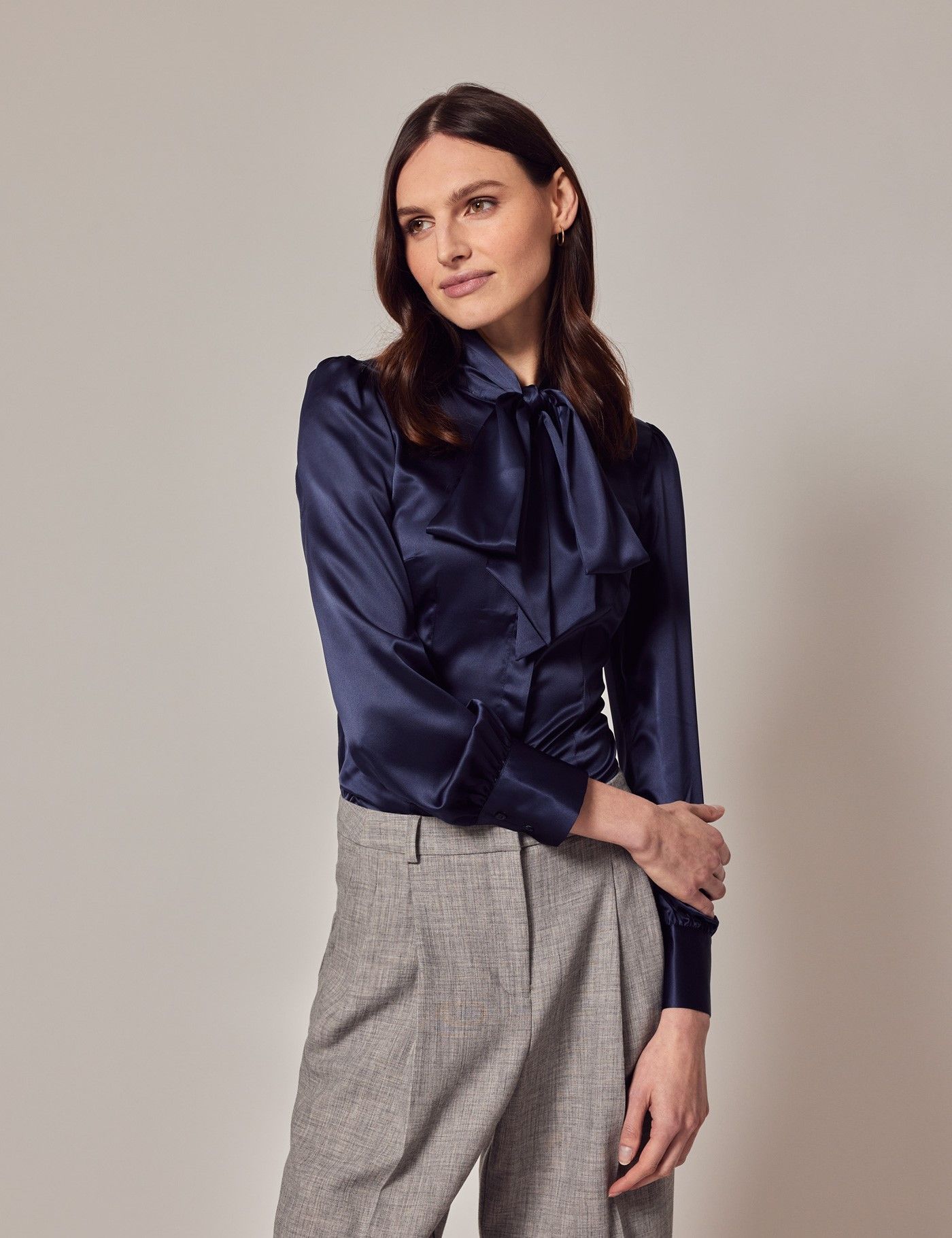 Navy Satin Pussybow Blouse-preview