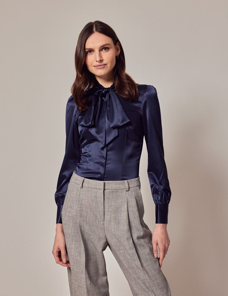 Women's Navy Fitted Luxury Satin Blouse - Pussy Bow | Hawes & Curtis