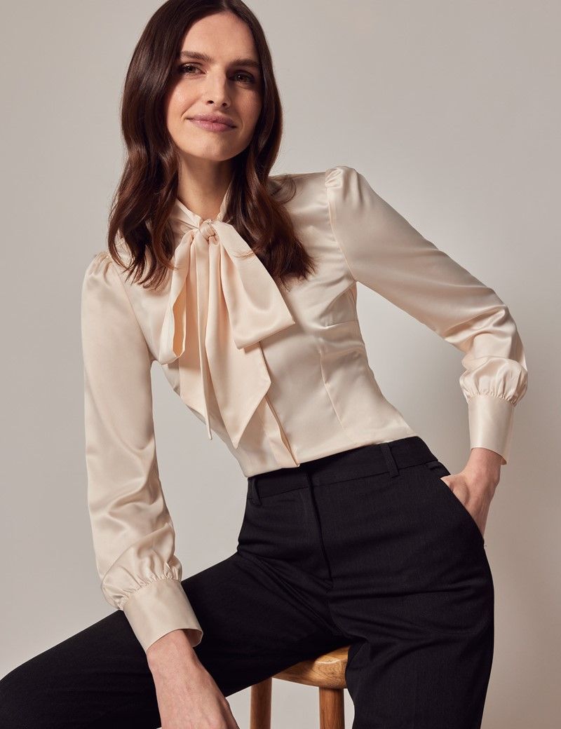 Women's Cream Fitted Satin Blouse Pussy Bow