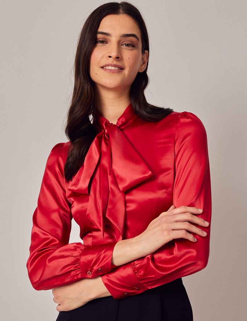 Women's Red Fitted Luxury Satin Blouse - Pussy Bow