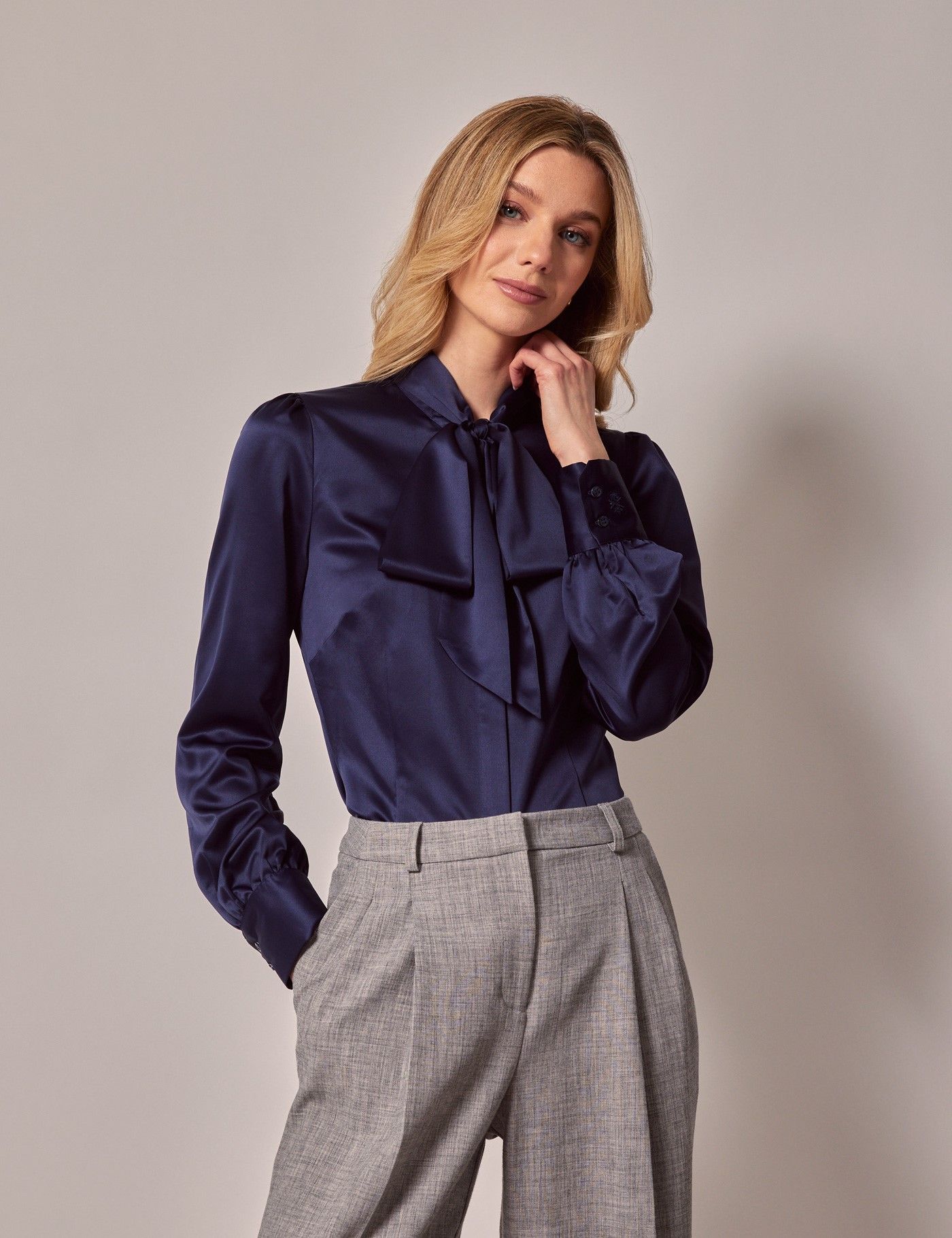 Women's Navy Satin Pussybow Blouse - Lord's Limited Edition | Hawes ...