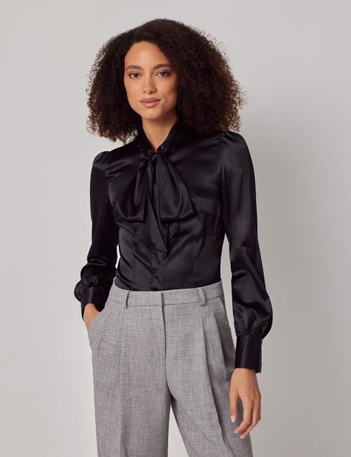 Black Satin Pussybow Blouse