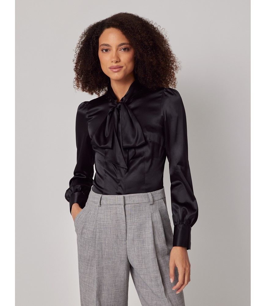 Women's Black Fitted Satin Blouse - Pussy Bow | Hawes & Curtis