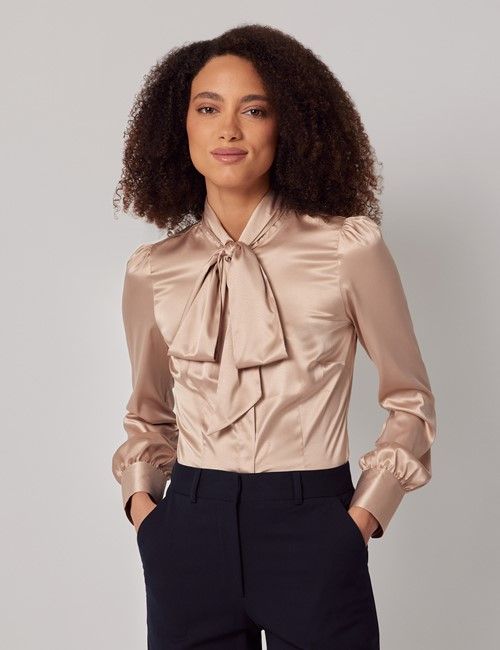 Taupe Satin Pussybow Blouse