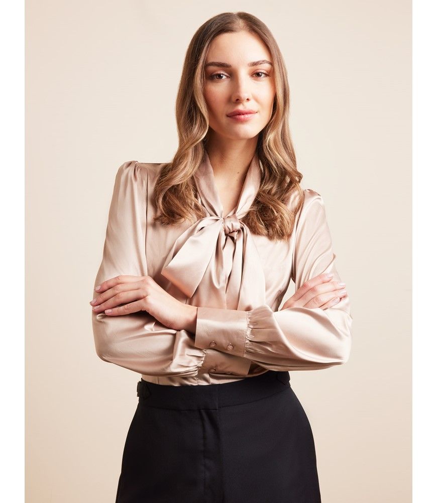 Women's Taupe Satin Pussybow Blouse | Hawes & Curtis