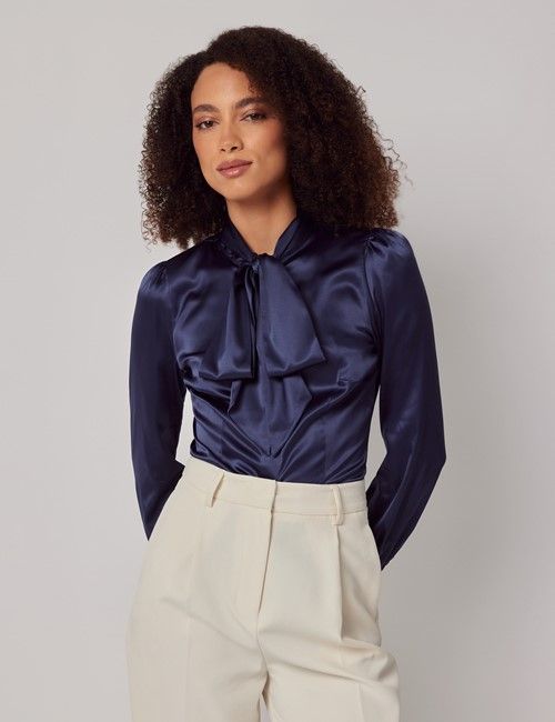 Navy Satin Pussybow Blouse