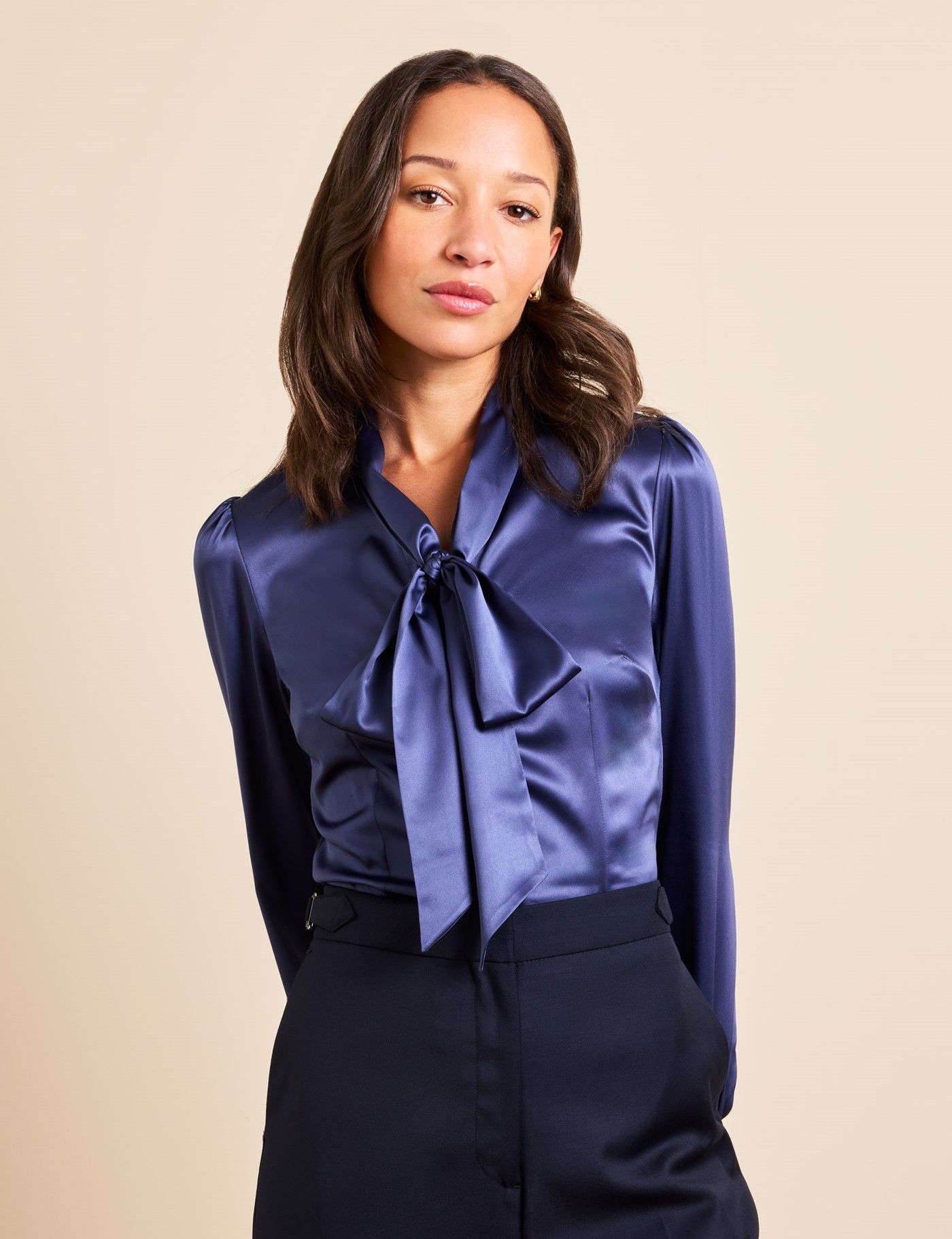Women's Navy Satin Pussybow Blouse | Hawes & Curtis