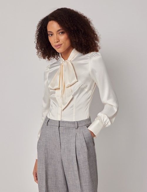 Cream Satin Pussybow Blouse