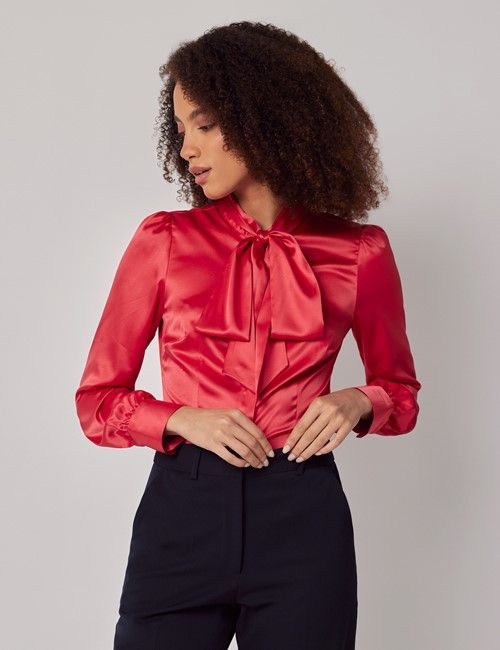 Red Satin Pussybow Blouse