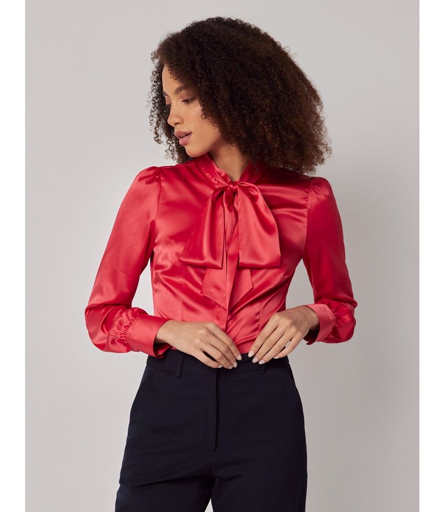 Women's Red Satin Pussybow Blouse | Hawes & Curtis