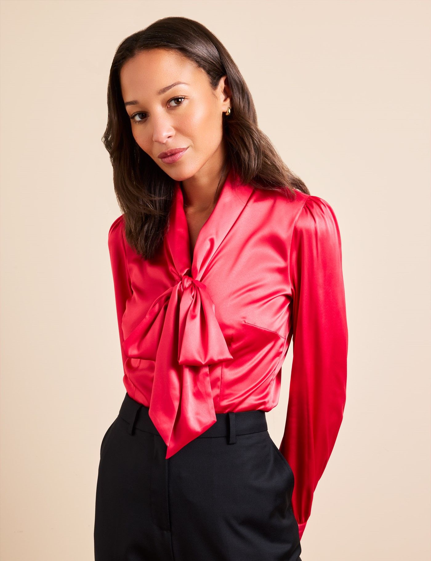 Women's Red Satin Pussybow Blouse | Hawes & Curtis
