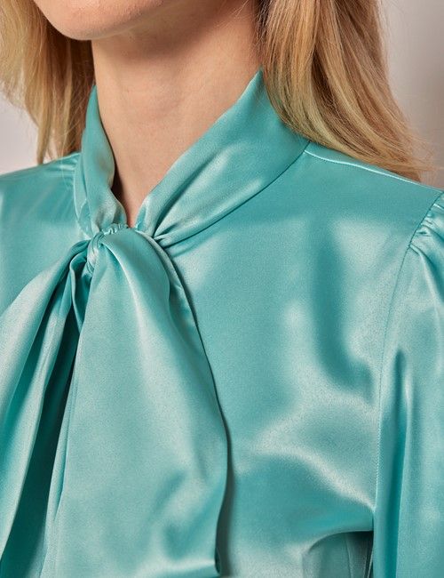 Aqua Blue Satin Pussybow Blouse-preview