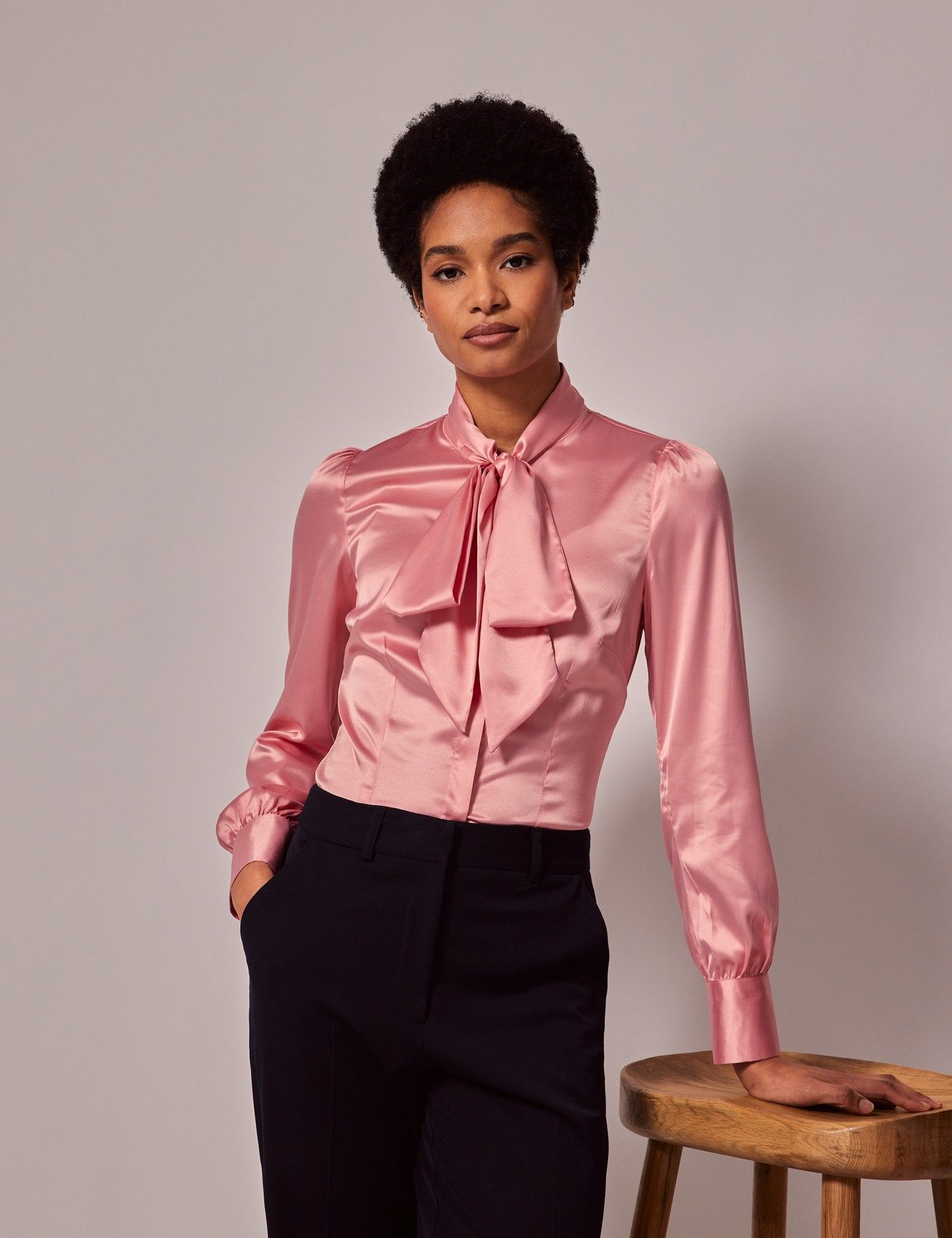 Women's Coral Satin Pussybow Blouse | Hawes and Curtis