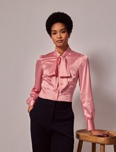 Coral Satin Pussybow Blouse