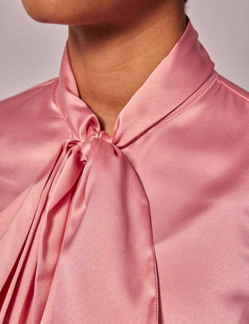 Women's Coral Satin Pussybow Blouse | Hawes and Curtis