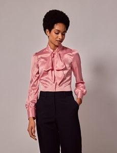 Coral Satin Pussybow Blouse-preview5