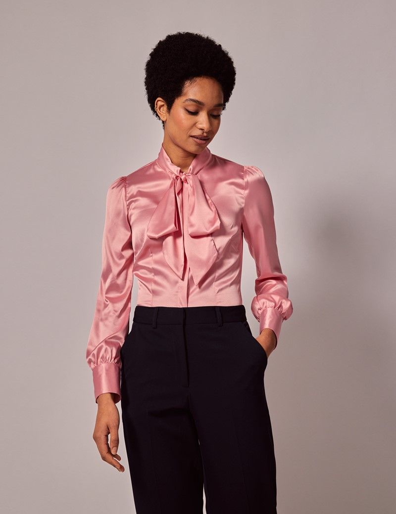 Women's Coral Satin Pussybow Blouse | Hawes and Curtis