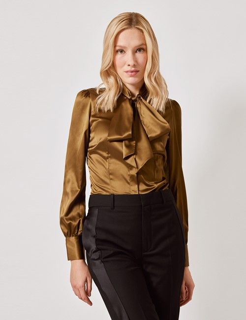 Olive Satin Pussybow Blouse