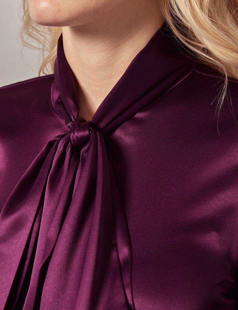 Men's Plum Satin Pussybow Blouse | Hawes & Curtis