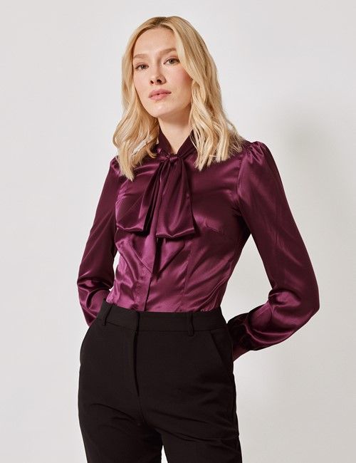 Plum Satin Pussybow Blouse
