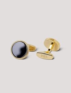 Gold Round Cufflinks - Black Onyx Detail-preview1