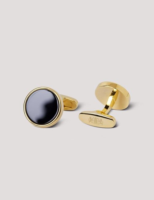 Gold Round Cufflinks - Black Onyx Detail-preview