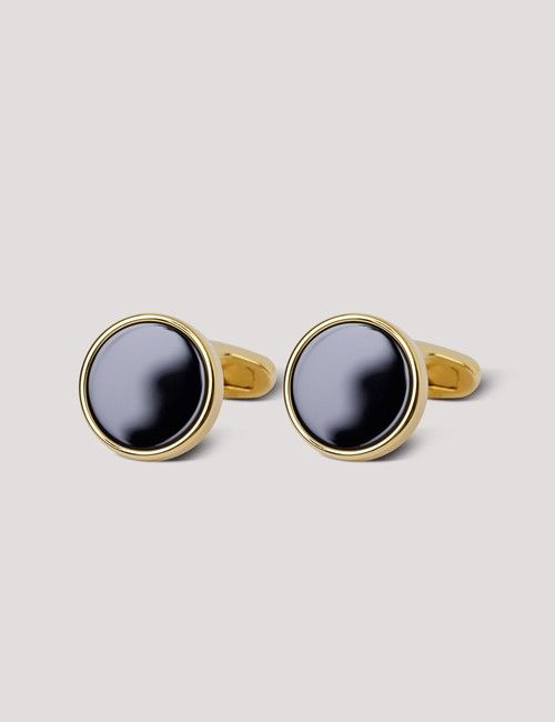 Gold Round Cufflinks - Black Onyx Detail