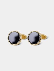Gold Round Cufflinks - Black Onyx Detail