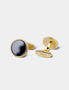 Gold Round Cufflinks - Black Onyx Detail-preview1