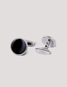 Silver Round Cufflinks - Black Onyx Detail-preview1