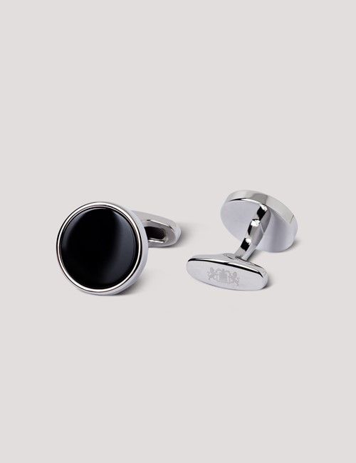 Silver Round Cufflinks - Black Onyx Detail-preview