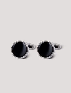 Silver Round Cufflinks - Black Onyx Detail